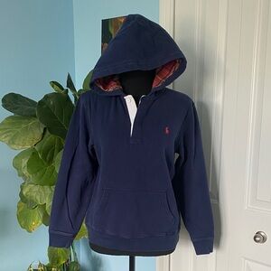 Polo by Ralph Lauren Navy Button Down Hoodie with Plaid Trim Kids Size 14-16